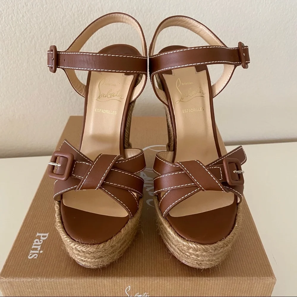 Christian Louboutin Brown Leather Espadrille Wedge Sandals